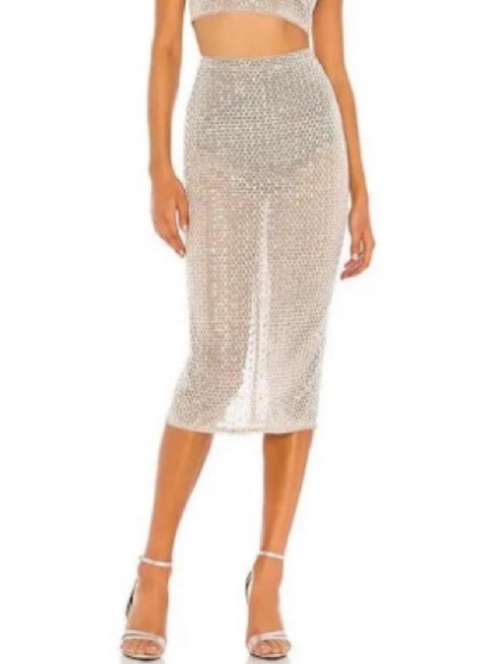 Camila Coelho Beatriz Midi Skirt Size XS Silver Sequins Sheer Wedding Going Out